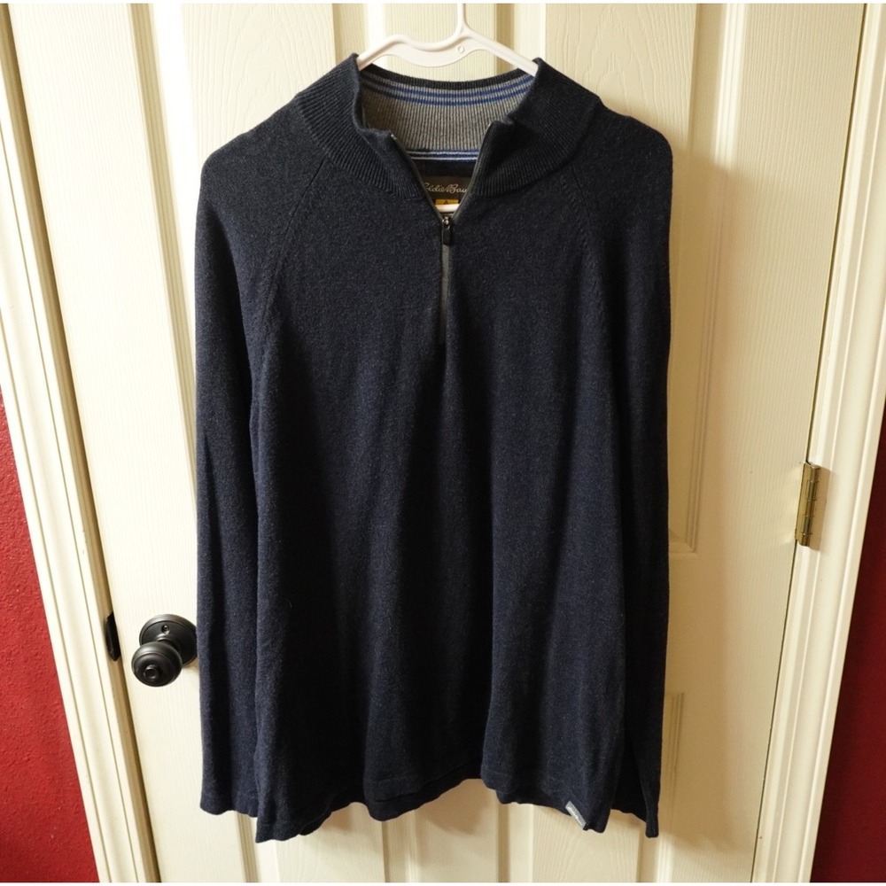 Eddie Bauer Mens Navy Blue‎ Quarter Zip Cashmere Blend Sweater Mock Neck Medium
